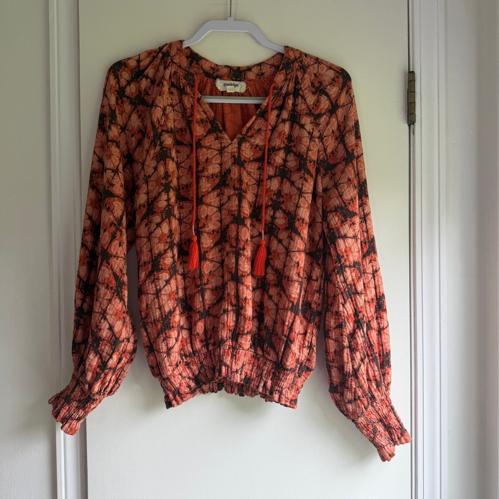 Porridge Clothing Orange Black Tie Dye Smocked Peasant Blouse Small
